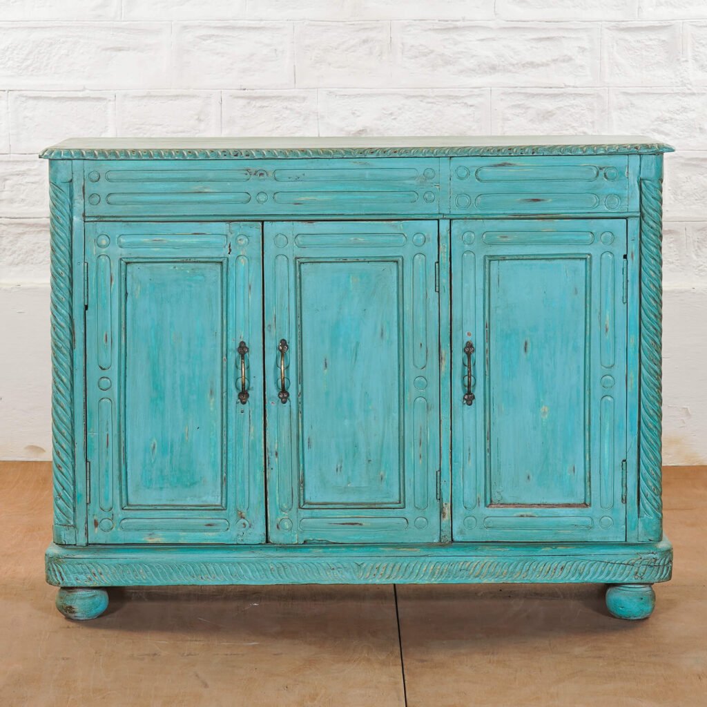 Buy Blue City Decor Artisan Carved Azure 3-Door Sideboard | Wooden Sideboard | Living Room Furniture | Dining Room Furniture | Wooden Cabinet | Cabinet | Sideboard | Blue City Decor