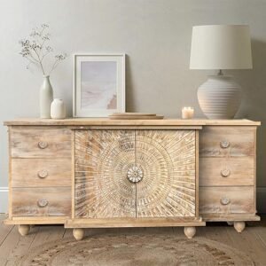 Buy Blue City Decor Sunburst Crest Solid Mango Wood Sideboard | Wooden Sideboard | Living Room Furniture | Dining Room Furniture | Wooden Cabinet | Cabinet | Sideboard | Blue City Decor