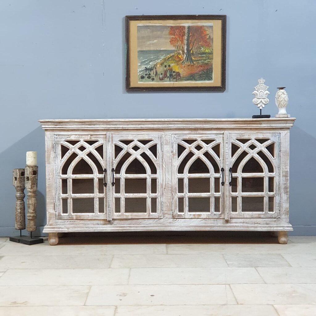 Buy Blue City Decor Arched Heritage Glass Solid Wood Sideboard | Wooden Sideboard | Living Room Furniture | Dining Room Furniture | Wooden Cabinet | Cabinet | Sideboard | Blue City Decor
