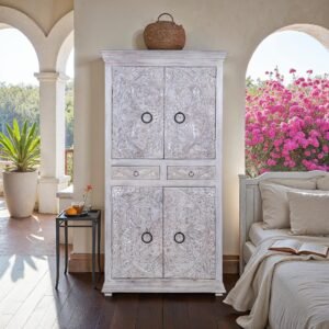 Buy Blue City Decor Regal Era Carved Wood Almirah | Wardrobe | Wooden Wardrobe | Almirah | Wooden Almirah | Bedroom Furniture | Solid Wood Furniture | Blue City Decor