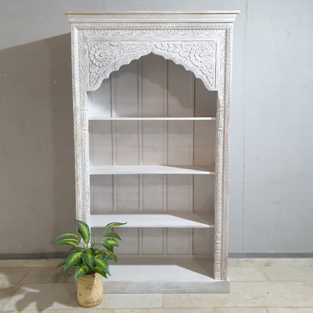 Buy Blue City Decor Grande Mehrab Hand-Carved Wood Bookshelf | Bookshelf | Wooden Bookshelf | Living Room Furniture | Dining Room Furniture | Wooden Crockery Unit | Crockery Unit | Display Unit | Wooden Display Unit | Blue City Decor