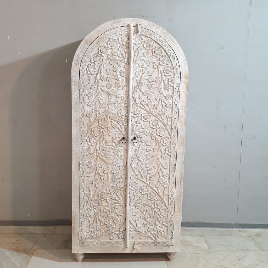 Buy Blue City Decor Whitewash Heritage Carved Cabinet | Wardrobe | Wooden Wardrobe | Almirah | Wooden Almirah | Bedroom Furniture | Solid Wood Furniture | Blue City Decor