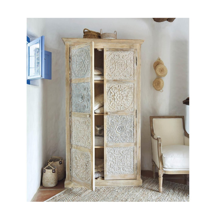 Buy Blue City Decor Heritage Carved Solid Wood Wardrobe | Wardrobe | Wooden Wardrobe | Almirah | Wooden Almirah | Bedroom Furniture | Solid Wood Furniture | Blue City Decor