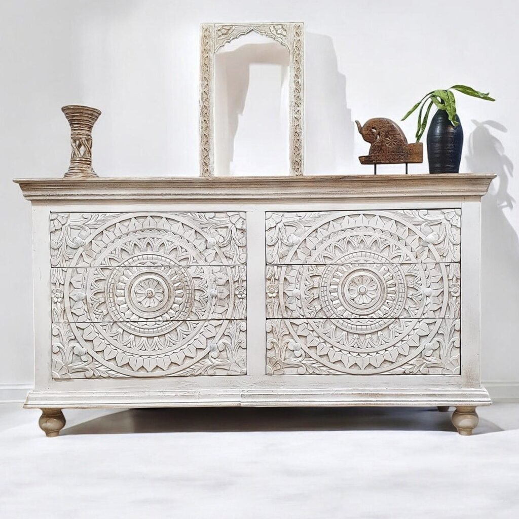 Buy Blue City Decor White Loft Hand-Carved Wooden Chest | Chest of Drawers | Wooden Chest of Drawers | Bedroom Furniture | Living Room Furniture | Solid Wood Furniture | Blue City Decor