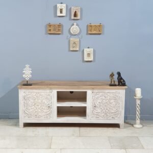 Buy Blue City Decor White Oasis Hand-Carved TV Cabinet | Bookshelf | Wooden Bookshelf | Living Room Furniture | Dining Room Furniture | Wooden Crockery Unit | Crockery Unit | Display Unit | Wooden Display Unit | Blue City Decor