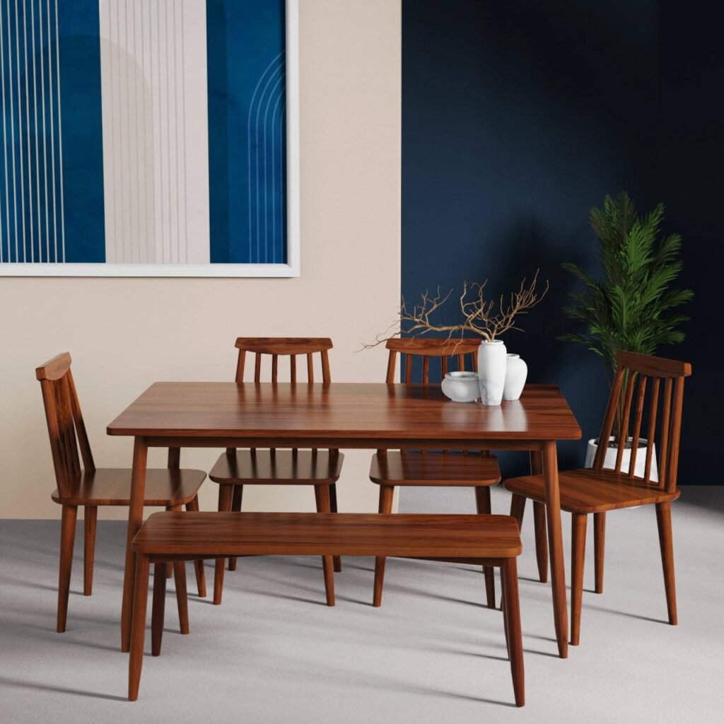 Buy Blue City Decor Arvika Compact Dining Table with Bench – 6 Seater | Dining Table Set | Wooden Dining | Wooden Dining Table Set | Dining Room Furniture | Solid Wood Furniture | Blue City Decor