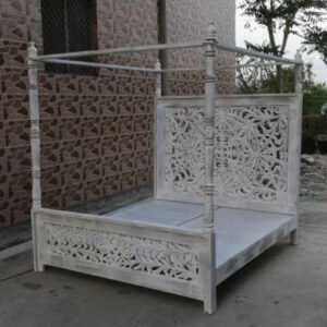 Buy Blue City Decor Dynasty Carved Bed in White Grey Wash | Beds | King Size Bed | King Bed | Queen Size Bed | Queen Bed | Wooden Bed | Poster Bed | Double Bed | Bedroom Furniture | Blue City Decor