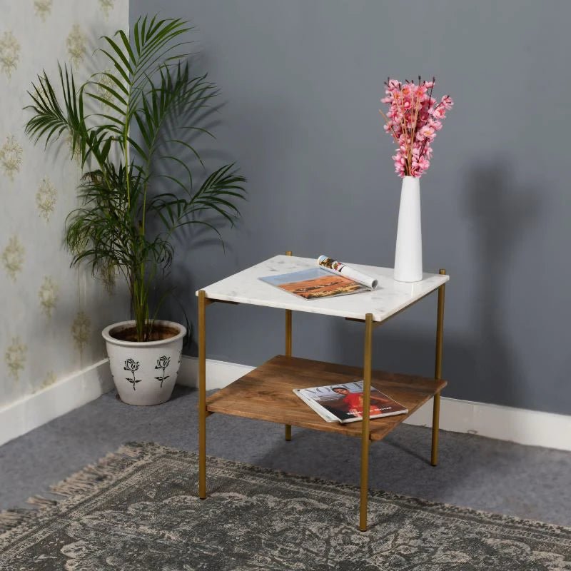 Buy Blue City Decor Zephyr Marble Top Solid Wood End Table | Side Table | Bedside Table | Wooden Bedside Table | Wooden Bedside Table | Bedroom Furniture | Living Room Furniture | Solid Wood Furniture | Blue City Decor