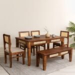 Buy Blue City Decor Kairo Sheesham Wood 6 Seater Dining Set with Bench in Teak Finish | Dining Set | Wooden Dining Set | Dining Table | 6 Seater Dining | Dining Room Furniture | Solid Wood Furniture | Blue City Decor
