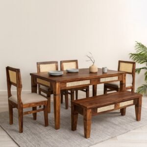 Buy Blue City Decor Kairo Sheesham Wood 6 Seater Dining Set with Bench in Teak Finish | Dining Set | Wooden Dining Set | Dining Table | 6 Seater Dining | Dining Room Furniture | Solid Wood Furniture | Blue City Decor