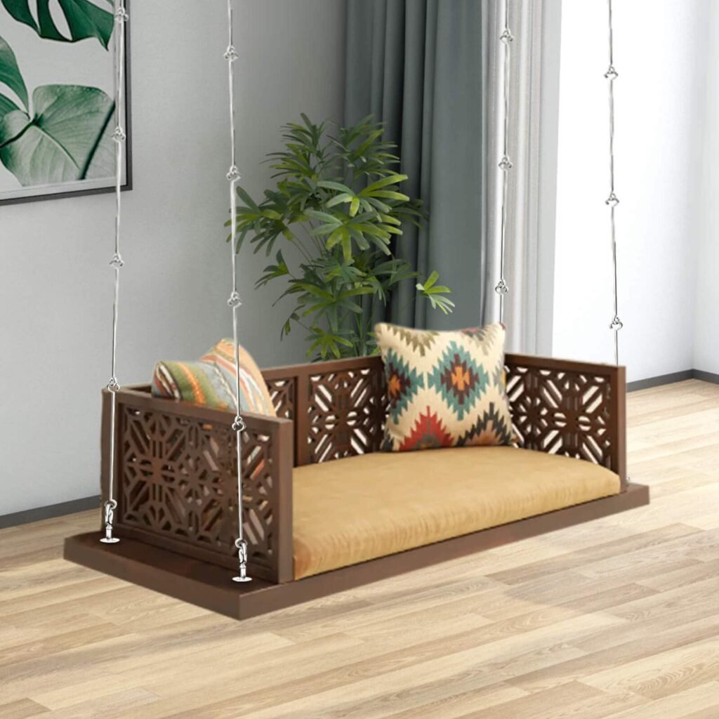 Buy Blue City Decor Traditional Sheesham Wood Swing in Walnut Finish | Swing | Wooden Swing | Living Room Furniture | Outdoor Furniture | Balcony Furniture | Balcony Swing | Solid Wood Furniture | Blue City Decor
