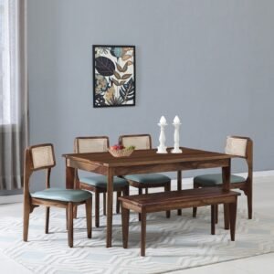 Buy Blue City Decor Classic Sheesham Wood 6 Seater Dining Set with Bench in Teak Finish | Dining Set | Wooden Dining Set | Dining Table | 6 Seater Dining | Dining Room Furniture | Solid Wood Furniture | Blue City Decor