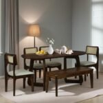 Buy Blue City Decor Virella Solid Wood 6 Seater Dining Set with Bench in Rich Teak Tone | Dining Set | Wooden Dining Set | Dining Table | 6 Seater Dining | Dining Room Furniture | Solid Wood Furniture | Blue City Decor