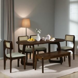 Buy Blue City Decor Virella Solid Wood 6 Seater Dining Set with Bench in Rich Teak Tone | Dining Set | Wooden Dining Set | Dining Table | 6 Seater Dining | Dining Room Furniture | Solid Wood Furniture | Blue City Decor