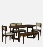 Blue City Decor Virella Solid Wood 6 Seater Dining Set with Bench in Rich Teak Tone - Image 5