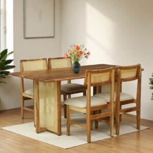 Buy Blue City Decor Natural Finish Acacia Wood 4 Seater Dining Set | Dining Set | Wooden Dining Set | Dining Table | 4 Seater Dining | Dining Room Furniture | Solid Wood Furniture | Blue City Decor
