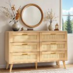 Blue City Decor Boho Solid Wood Rattan Chest of Drawers with Golden Handles - Image 2