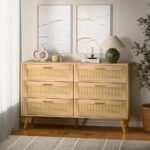 Blue City Decor Boho Solid Wood Rattan Chest of Drawers with Golden Handles