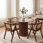 Buy Blue City Decor Orlestone Luxe Japandi Dining Table Set | Dining Table Set | Wooden Dining Table Set | Round Dining Table Set | Rattan Dining Set | Dining Room Furniture | Solid Wood Furniture | Blue City Decor