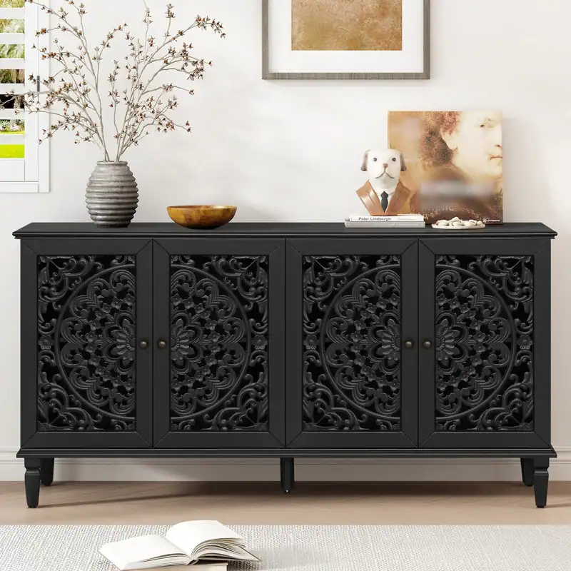 Buy Blue City Decor Black Orchid Carved Sideboard | Cabinet | Wooden Sideboard | Wooden Cabinet Sideboard | Storage Cabinet | Living Room Furniture | Solid Wood Furniture | Blue City Decor
